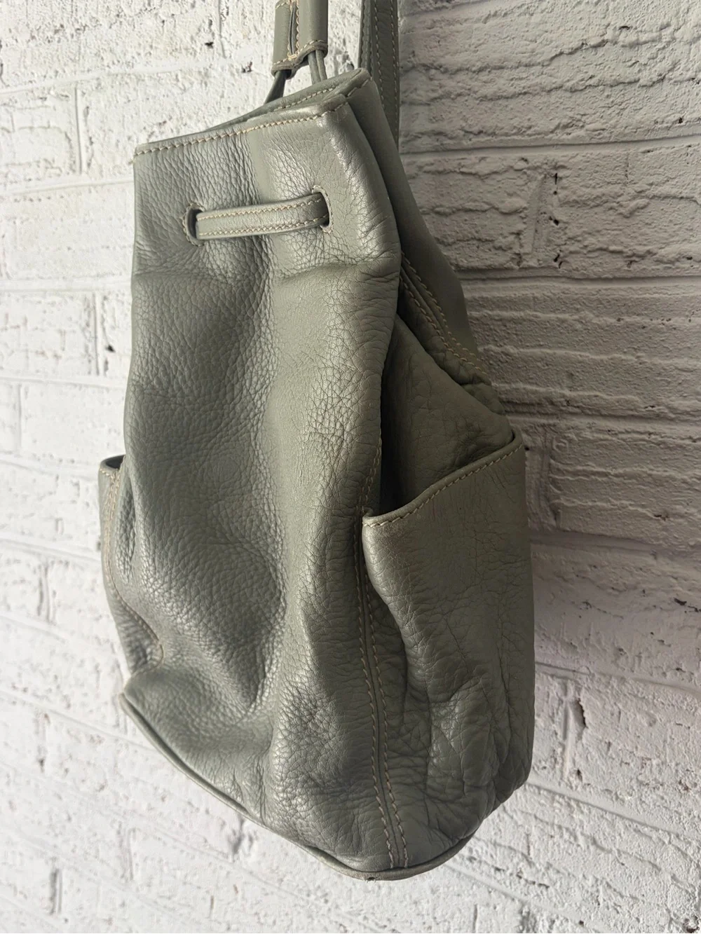 Gray/Green  Leather Backpack Tote - Minimal Drawstring Style
